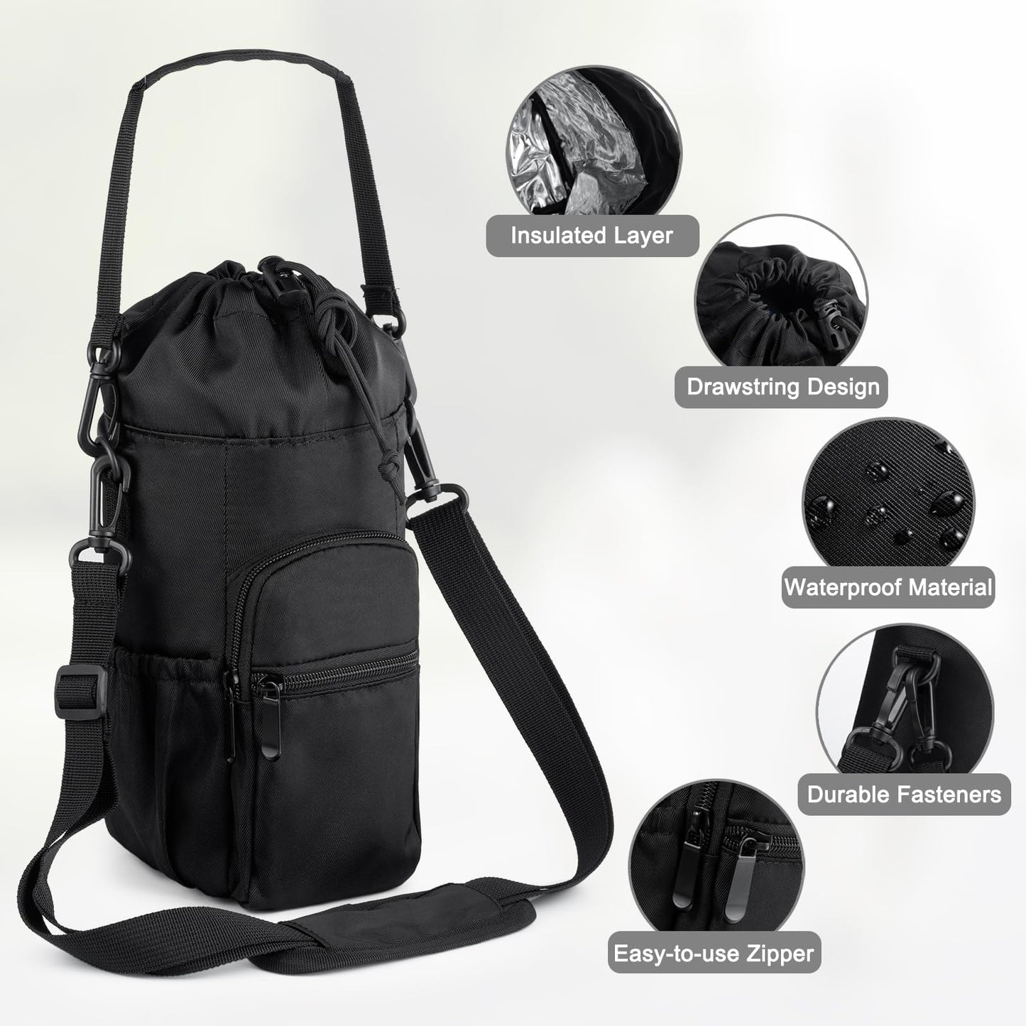 FXTBE Water Bottle Carrier with Strap and Pouch 32oz 40oz 64oz 16oz Water Bottles, Crossbody, Insulated Cooler Bag, Shoulder Sling for Walking, Black