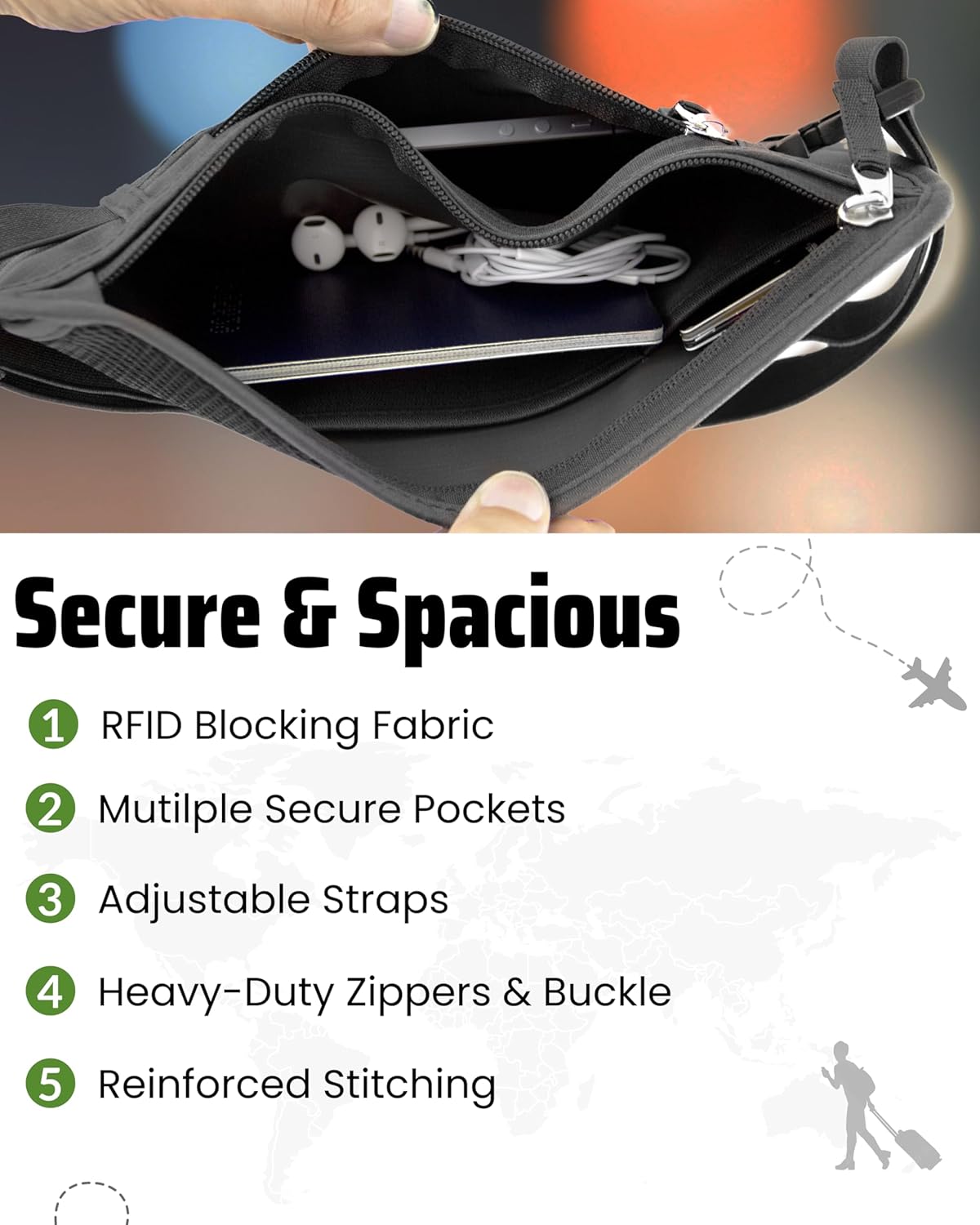 Money Belt for Travel with RFID Blocking Technology - Hidden Travel Money Pouch for Cash, Credit Cards, Passport, and Travel Valuables - Secure Water Resistant Money Belt for Men and Women (Brown)