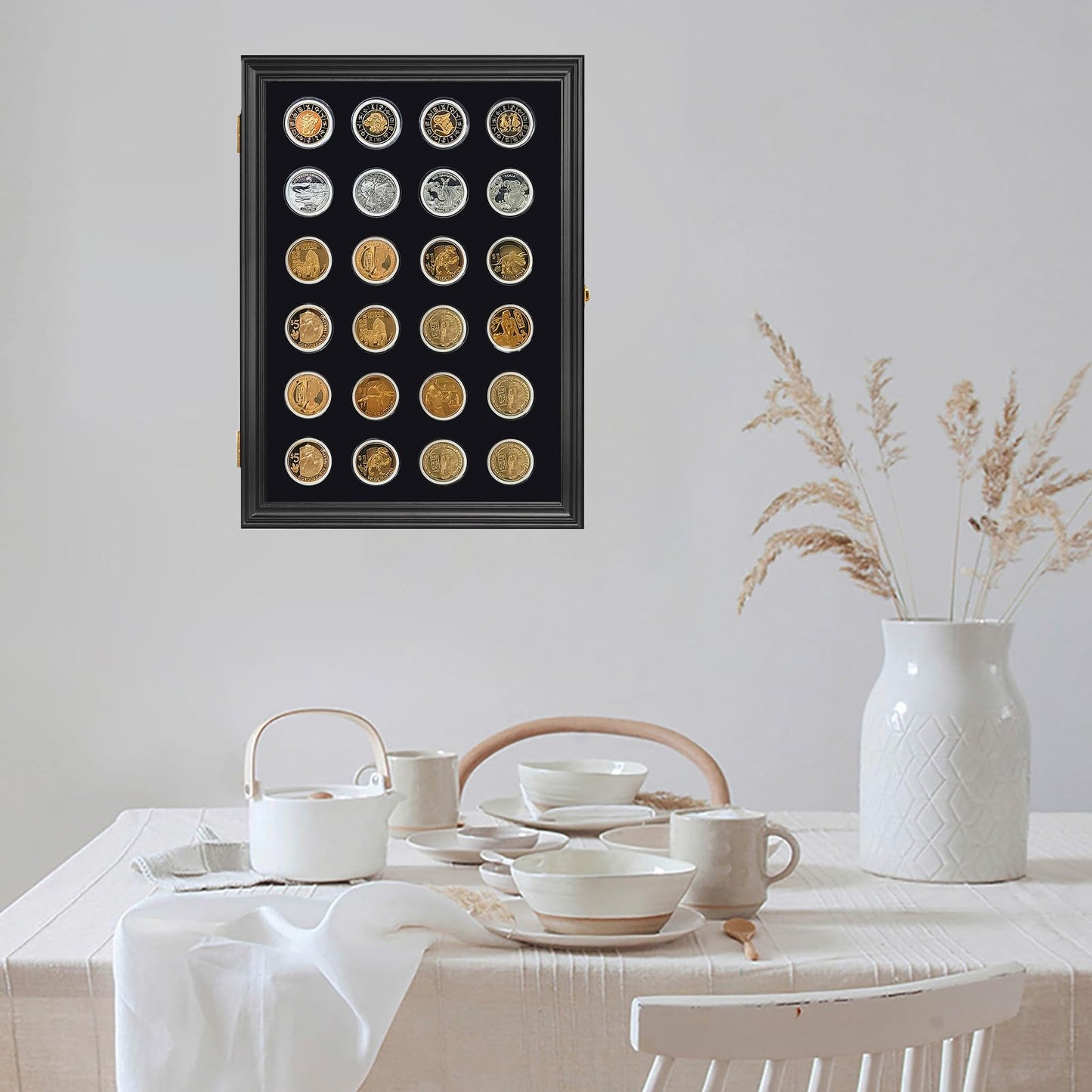 24 Casino Chip Coin Display Case,Challenge Coin Display,Challenge Coin Holder,Challenge Coin Display, Mility Coin Holder Display,Chips Holder Wall Rack 98% UV Lockable,Solid Wood Frame,Glass Door.