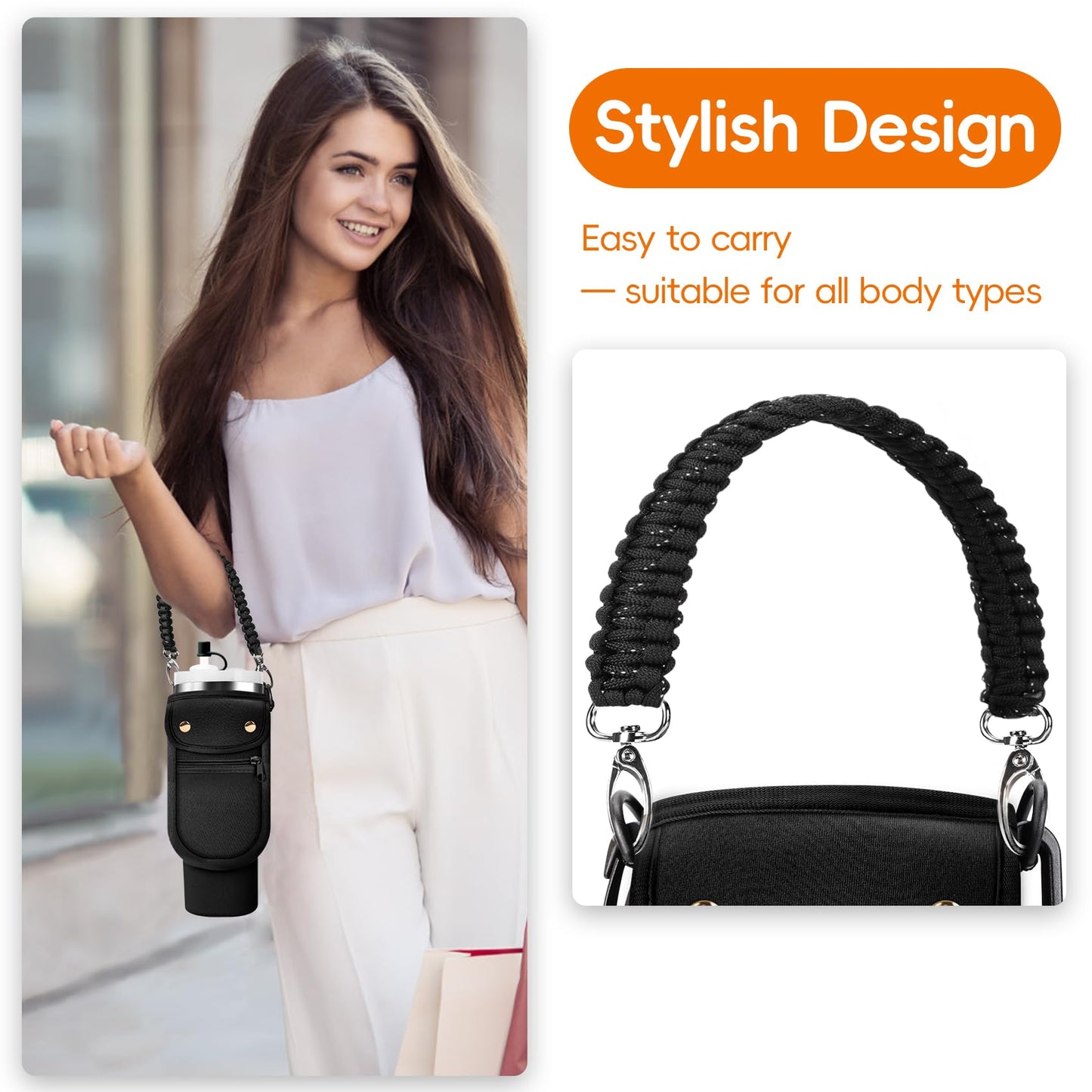 AceTreker 40/30 oz Stanley Cup Sleeve Bag with Paracord Handle, Neoprene Stainless Steel Travel Tumbler Holder with 2 Pockets, Metal Coffee Mug Sling with Straw Cover for Walking Driving Gym-Black