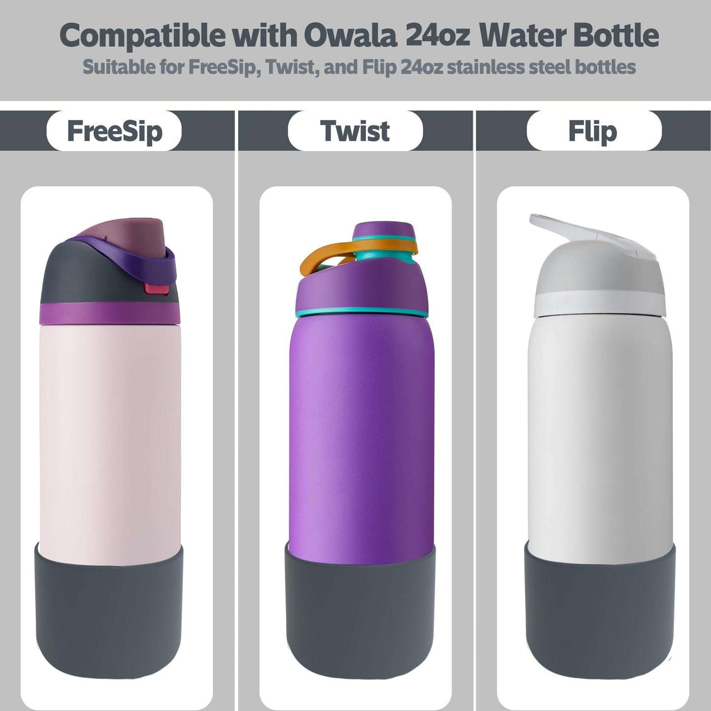AESKEIA 2PCS Silicone Water Bottle Boot for Owala 24oz 32oz 40oz,Anti-Slip Protective Sleeve Bottom Bumper Protector for FreeSip, Twist, and Flip Stainless Steel Water Bottles (Grey, 24oz)