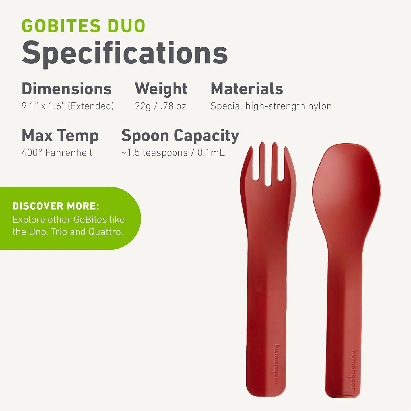 humangear GoBites Duo and Bio Duo Travel Silverware, Full Size Portable Fork & Spoon, Reusable Utensil Set, PC and BPA-free, Food-Safe Nylon or Plant-Based Resin, Extended - 9.1” X 1.6”