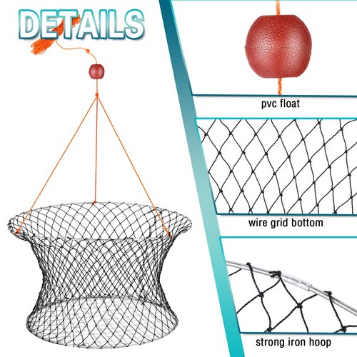 Windyun 2 Sets Crab Trap Bait Wire Grid Bottom Crab Nets Foldable Fishing Net Hand Casting Cage with Harness and Bait Clip(24 x 20 x 12 Inch,Black)