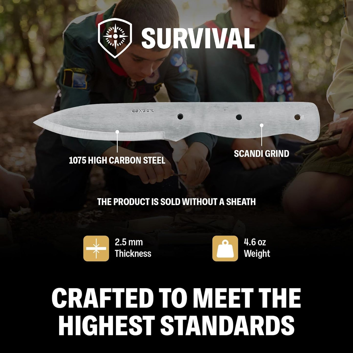 Condor Tool & Knife Bushlore Blade Blank - 1075 High Carbon Steel - Knife Blank with a Scandi Grind - Product is Sold Without Sheath - 4.3in Blade - 4.6oz
