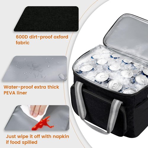 Insulated Cooler Bag for 24Can (15L), Reusable Thermal Bag, Leakproof Freezable Cooler Bag Organizer with Adjustable Shoulder Strap for Women Men Office Work Picnic Hiking Beach, Black