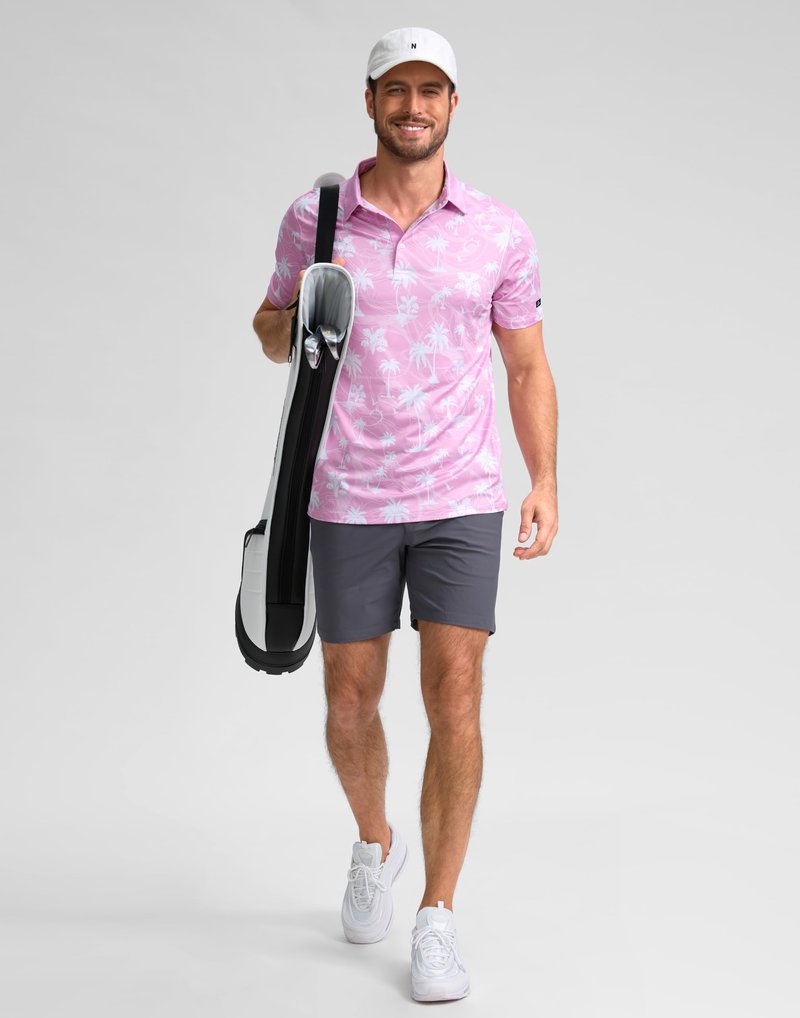 Obla Mens Golf Polo Shirts Short Sleeve Dry Fit Casual Print Collared Golf Shirts Wicking for Men(Pink Coconut Beach_XXL)