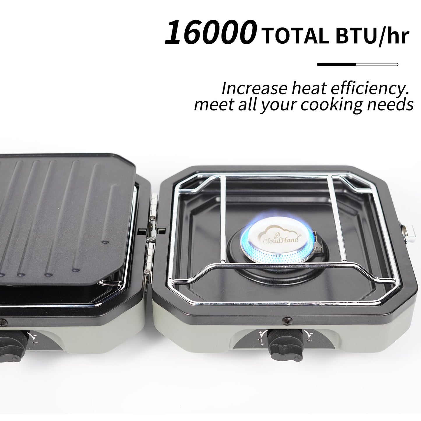 2 Burner Propane Camping Stove with Grill - CloudHand Foldable Camp Stove with 16,000 BTU, Two Adjustable Burners with Piezo Ignition & Easy Carrying Handle Grey