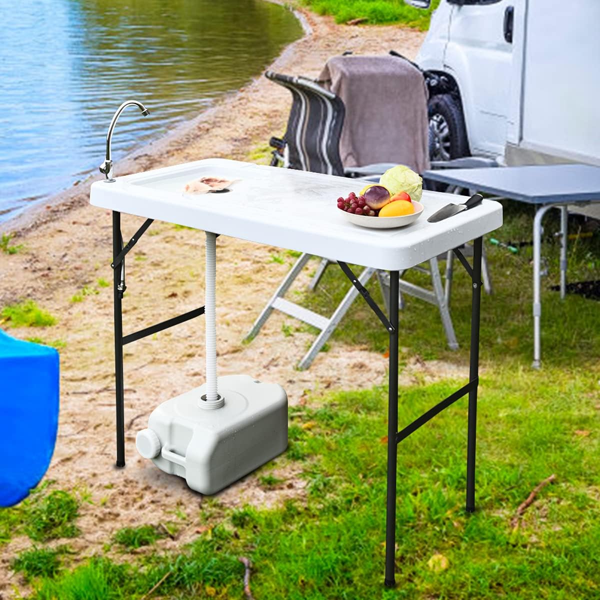 Giantex Fish Cleaning Table, Folding Table with Sink, Faucet and Drain Hose, Portable Outdoor Sink Station with Hose Hook Up, 45"x 23"x 37"