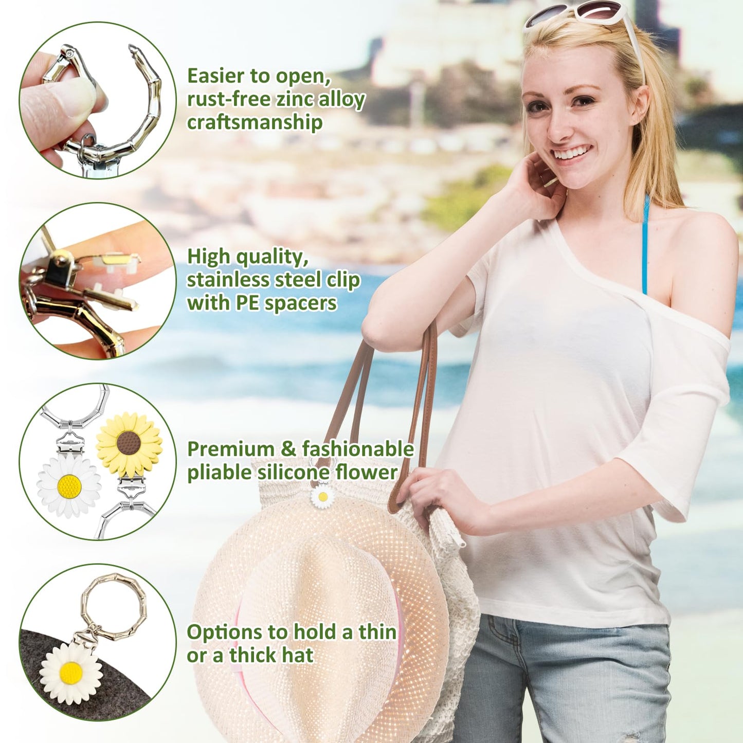 2 Pcs Hat Clip for Travel on Bag- Securely Attach Hats to Bags, Totes, Luggage - Hands-Free, Prevents Loss at Beach/Outings (US, Alpha, One Size, Bamboo Ring, Yellow & White Flowers)