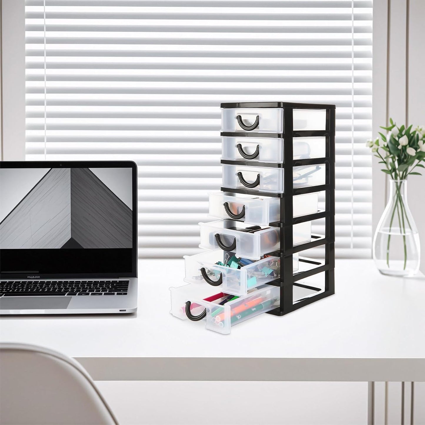 LANIAKEA 2PCS Plastic Drawers Organizer 13.7x5.1x6.7inch Stackable Plastic Drawer Storage Containers with 7 Clear Drawer Units Desktop Storage for Craft, jewelry (Black)