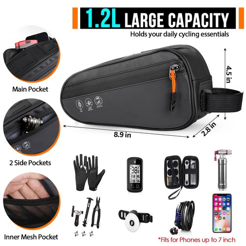 WOTOW Bike Frame Bag - 3 Ways Installation Water Resistant Reflective Bicycle Top Tube Bag with Two Side Pockets, Ebike Cycling Triangle Bag Pouch Accessories for MTB Road Travel (1.2L)