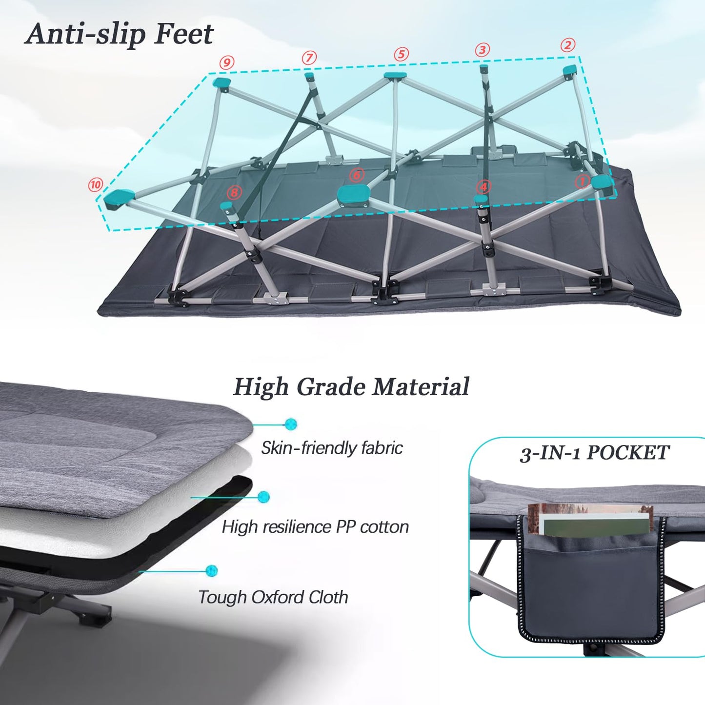 KAKO Folding Camping Cot, Heavy Duty 600 Lbs Portable Bed for Adults, Camping Beds with Carry Bag, Grey