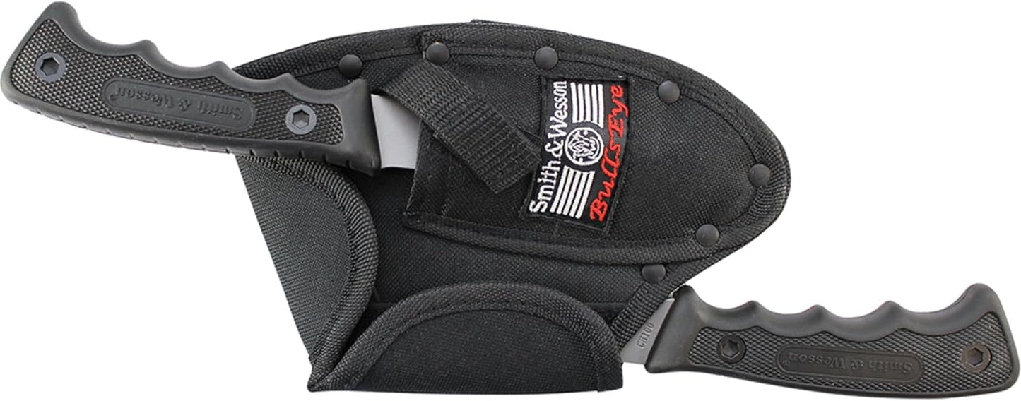 Smith & Wesson Bullseye Hatchet and Fixed Blade Guthook Knife Combo with S.S. Blade and Rubber Handle for Outdoor, Tactical, Survival and Everyday Carry