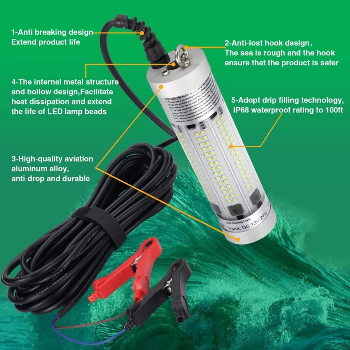 150W 20900lm Underwater Fishing Light, IP68 Waterproof Aluminum Super Bright Night Fish Attracting Submersible LED Lamp Lure Bait Finder for Freshwater Saltwater Sea Kayak Ice Dock (150W White)