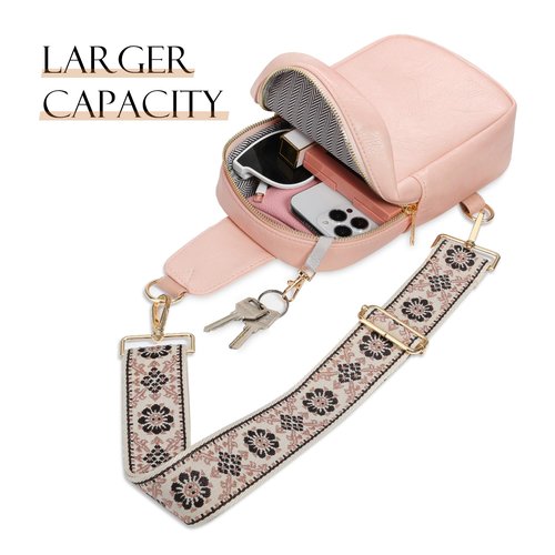 MoKo Vegan Leather Sling Bag - Small Trendy Casual Adjustable Detachable Shoulder Strap Crossbody Bags for Women and Men Daily Hiking Travel, Light Pink