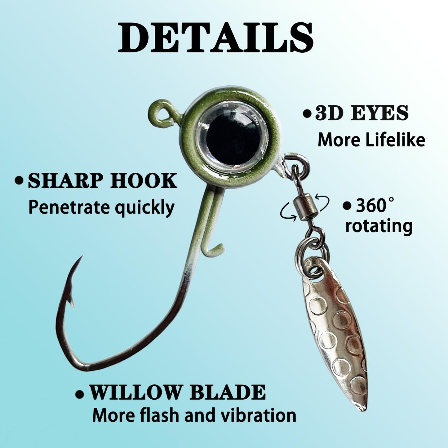 Fish Corner Crappie Jigs Underspin Jig Heads 3D Eyes Crappie Jig Heads Fishing Jig Heads for Crappie Bluegill 10 Packs 1/32oz