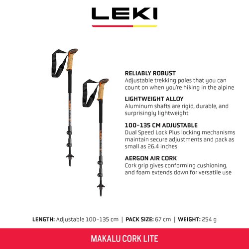 LEKI Makalu Cork Lite Aluminum Adjustable Lightweight Walking Poles for Trekking & Hiking - Orange-Black-Anthracite - 100-135 cm