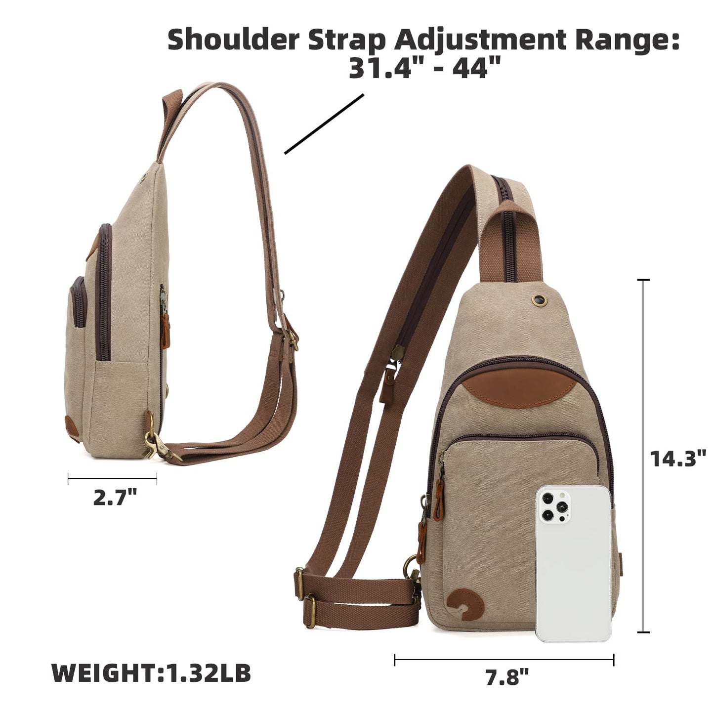 KL928 Canvas Sling Bag Crossbody Backpack Shoulder Casual Rucksack for Men Women, Khaki