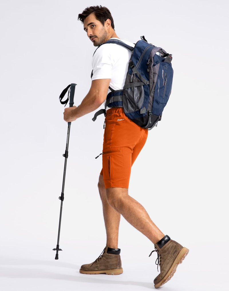 Pudolla Men's Hiking Cargo Shorts 9" Lightweight Outdoor Work Shorts for Men Travel Golf Camping Casual with 5 Zipper Pockets(Orange Large)