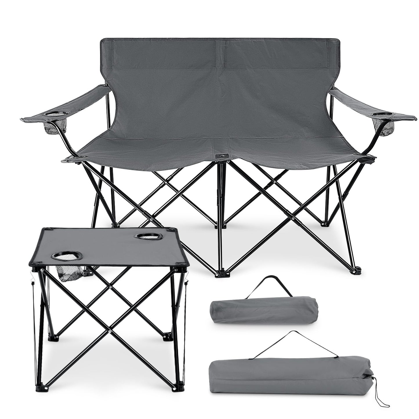Leonyo Double Camping Chair, Loveseat Camping Chair with Folding Table, 2 Person Outdoor Folding Beach Chairs for Adults, Cup Holders & Carry Bag for Outside Travel, Supports 500lbs, Grey