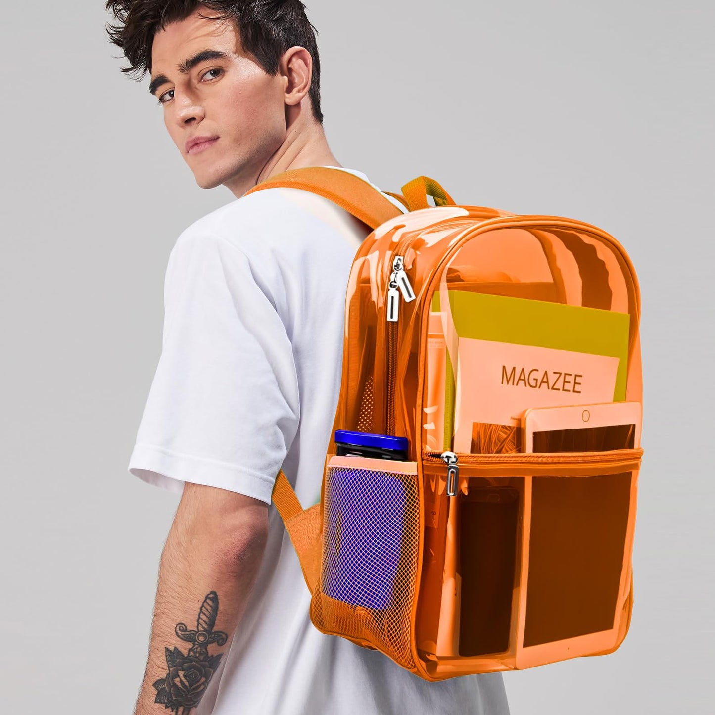 REAWUL Clear Backpack Heavy Duty Large TPU Transparent Backpacks See Through Backpacks for Security Travel,College. (Orange)