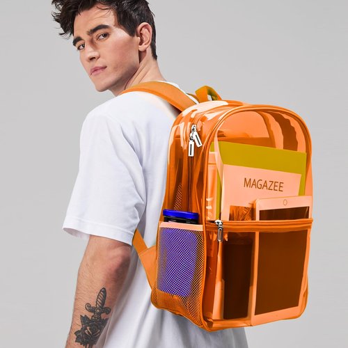 REAWUL Clear Backpack Heavy Duty Large TPU Transparent Backpacks See Through Backpacks for Security Travel,College. (Orange)