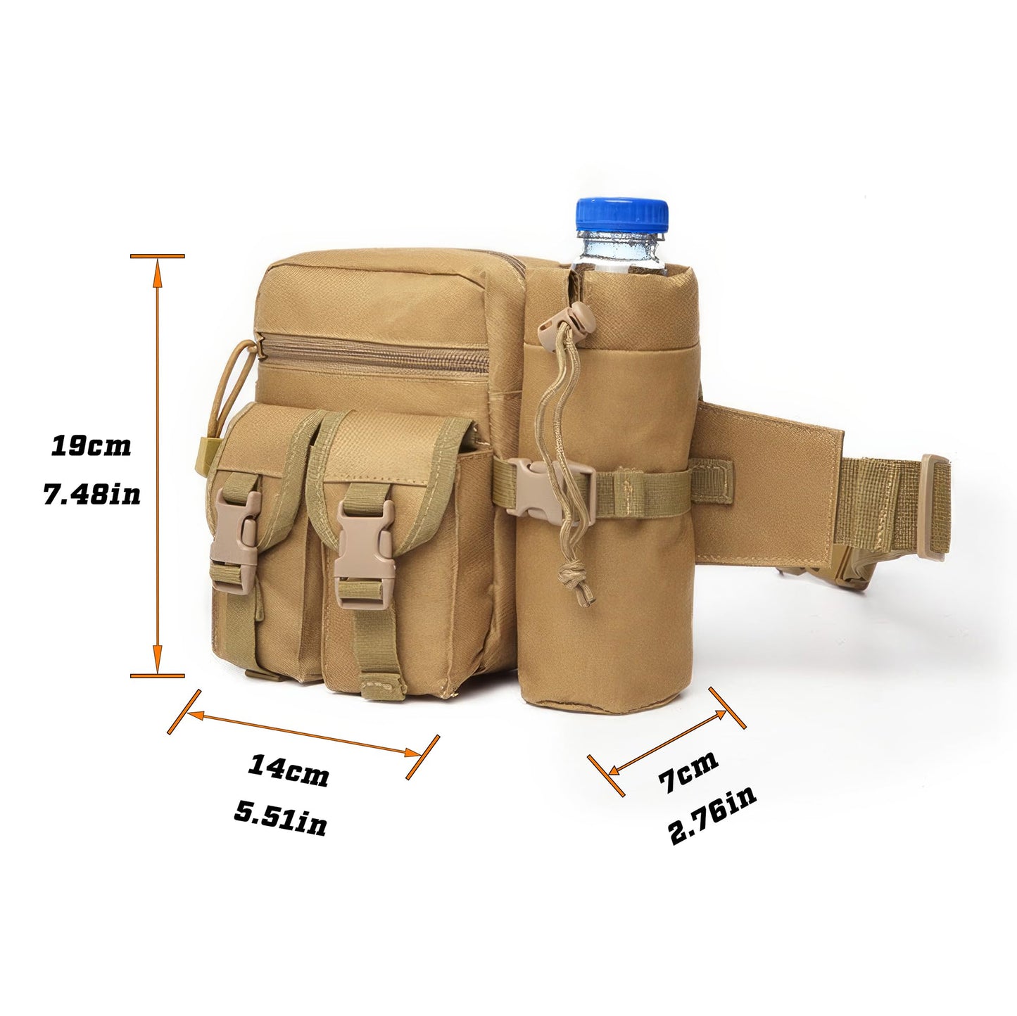 Piscorush Tactical Waist Pack with Water Bottle Holder Versatile and Waterproof Military Fanny Pack Utility Belt for Outdoor Hiking Camping Fishing (Khaki)