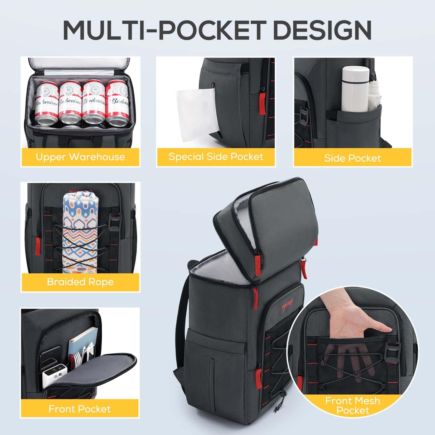 TOURIT Insulated Backpack Cooler with 2 Compartments, 30 Can Capacity, Leakproof Waterproof Thermal Bag for Beach Camping Travel