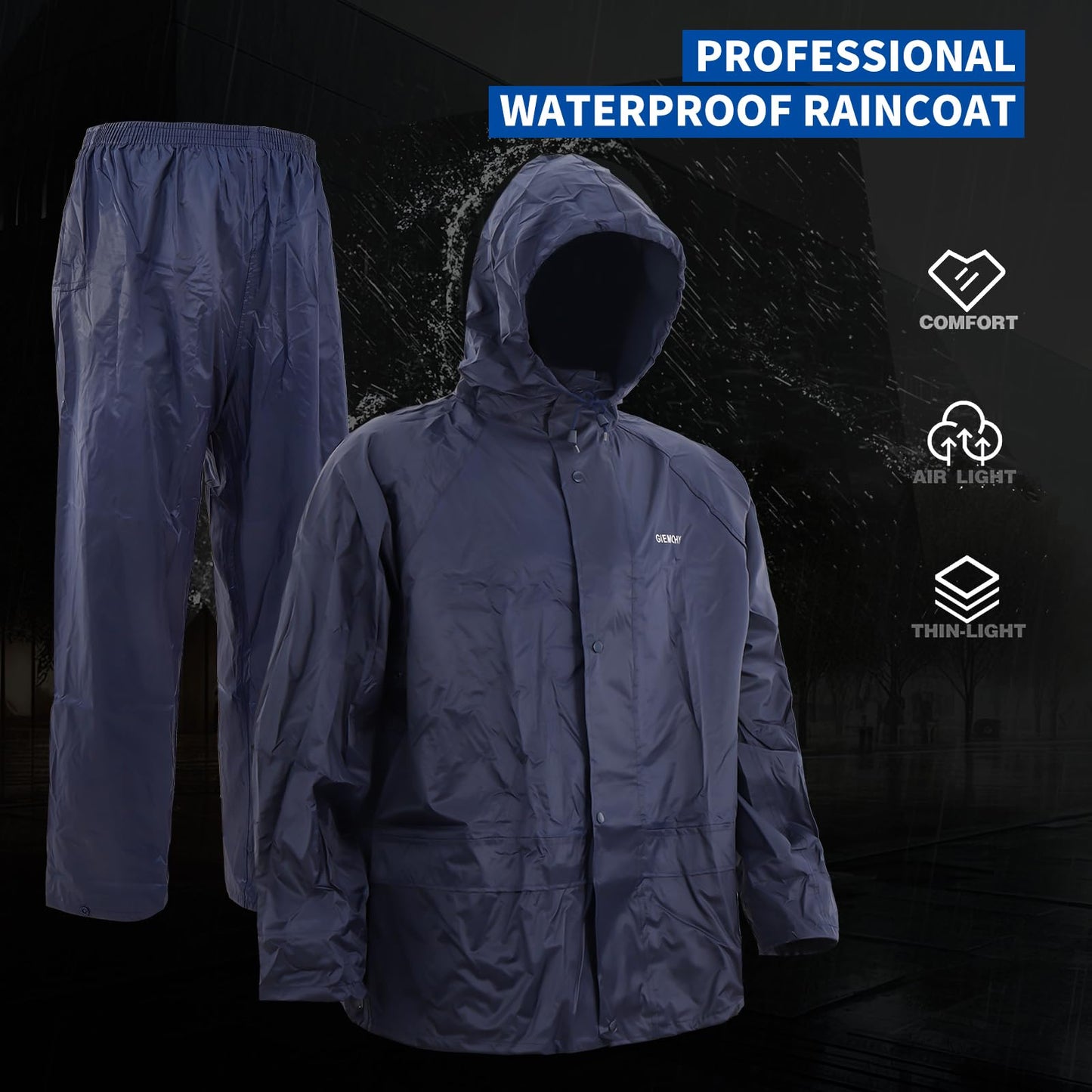 VUVEA Men's Lightweight Waterproof Rain Suit - Reflective Jacket & Pants with Hood for Outdoor Work, Fishing, Hiking