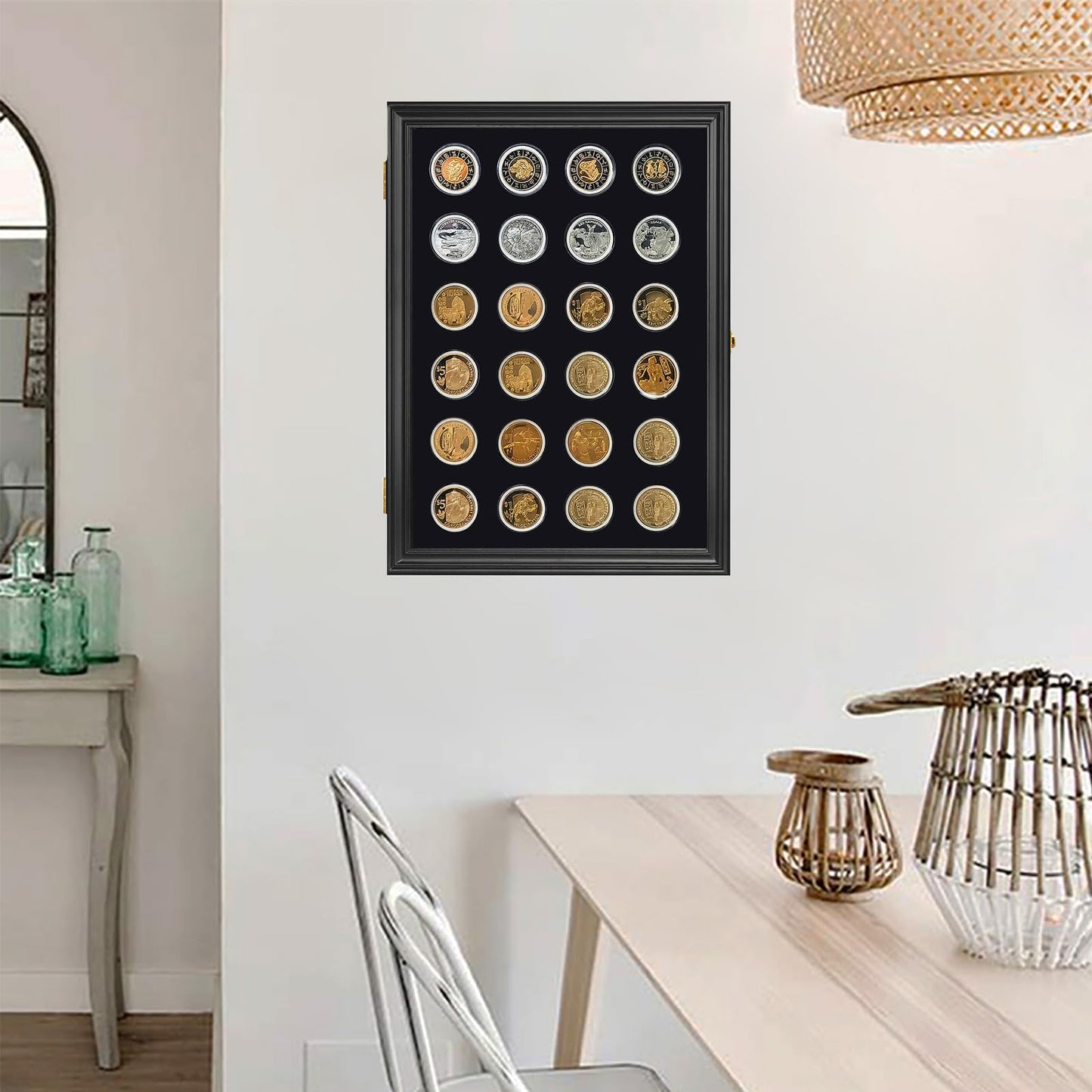 24 Casino Chip Coin Display Case,Challenge Coin Display,Challenge Coin Holder,Challenge Coin Display, Mility Coin Holder Display,Chips Holder Wall Rack 98% UV Lockable,Solid Wood Frame,Glass Door.