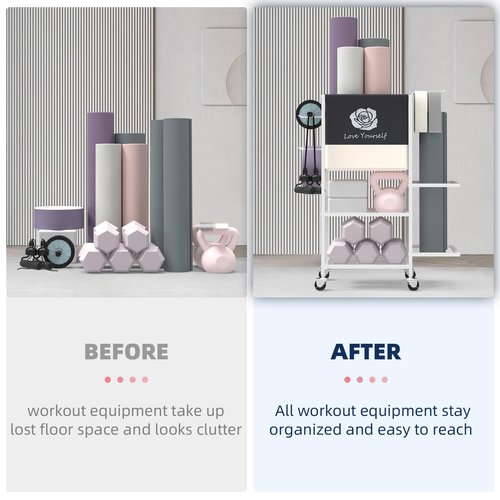 Lovind Yoga Mat Storage Rack,Home Gym Storage Rack Gym Workout Equipment Storage Organizer on Wheels for Yoga Mat,Yoga Block,Foam Roller,Resistance Band,Dumbbell,Kettlebell (White)