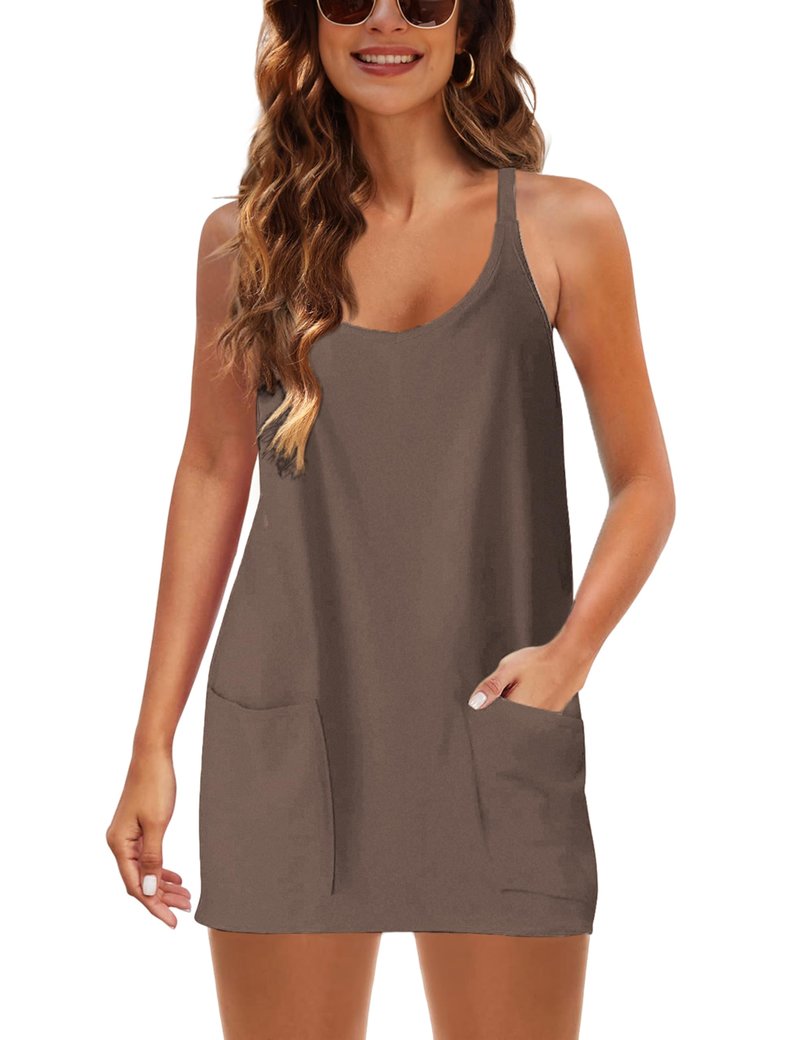 Lentta Womens Athletic Sleeveless Mini Dress with Built-in Shorts V Neck Spaghetti Strap Sundress(LightCoffee-XL)