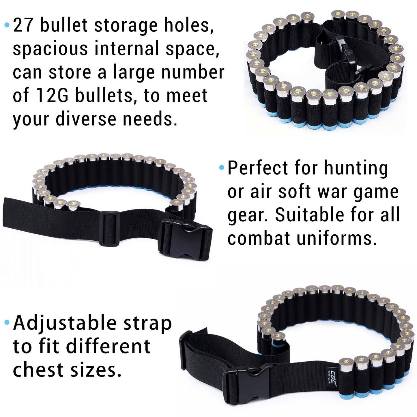 Round Shotgun Shell Bandolier,Ammo Shot Shell Shoulder Bandolier Bandoleer Carrier, with Quick Release Buckle,Holds Up to 27 Shells,Bandolier for Shell Count Tactical and Out Door Hunting
