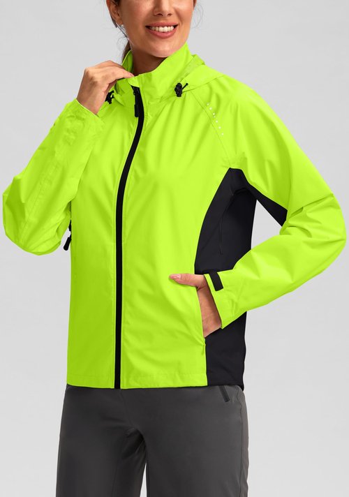 Bikewa Women's Cycling Rain Jackets Waterproof Windbreaker Lightweight Running Windproof Reflective Jacket Packable Hooded(Fluorescent Yellow/Black,M)