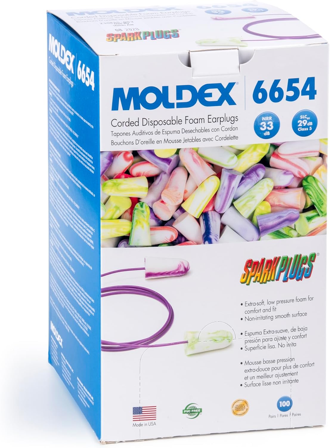 Moldex SparkPlugs® Corded Soft Foam Earplugs – Comfortable Disposable Ear Plugs for Hearing Protection, Noise Reduction, NRR 33dB, Individually Wrapped, 100 Pairs, 6654