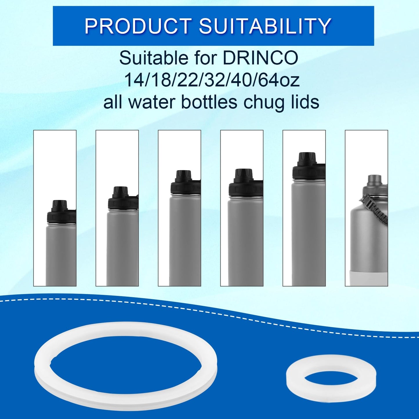 12pcs Stainless Steel Water Bottle Lid & Spout Lid Gasket, Silicone Sealing Ring Replacement for Chug Lids Compatible with DRINCO Insulated Water Bottle 14/18/22/32/40/64oz