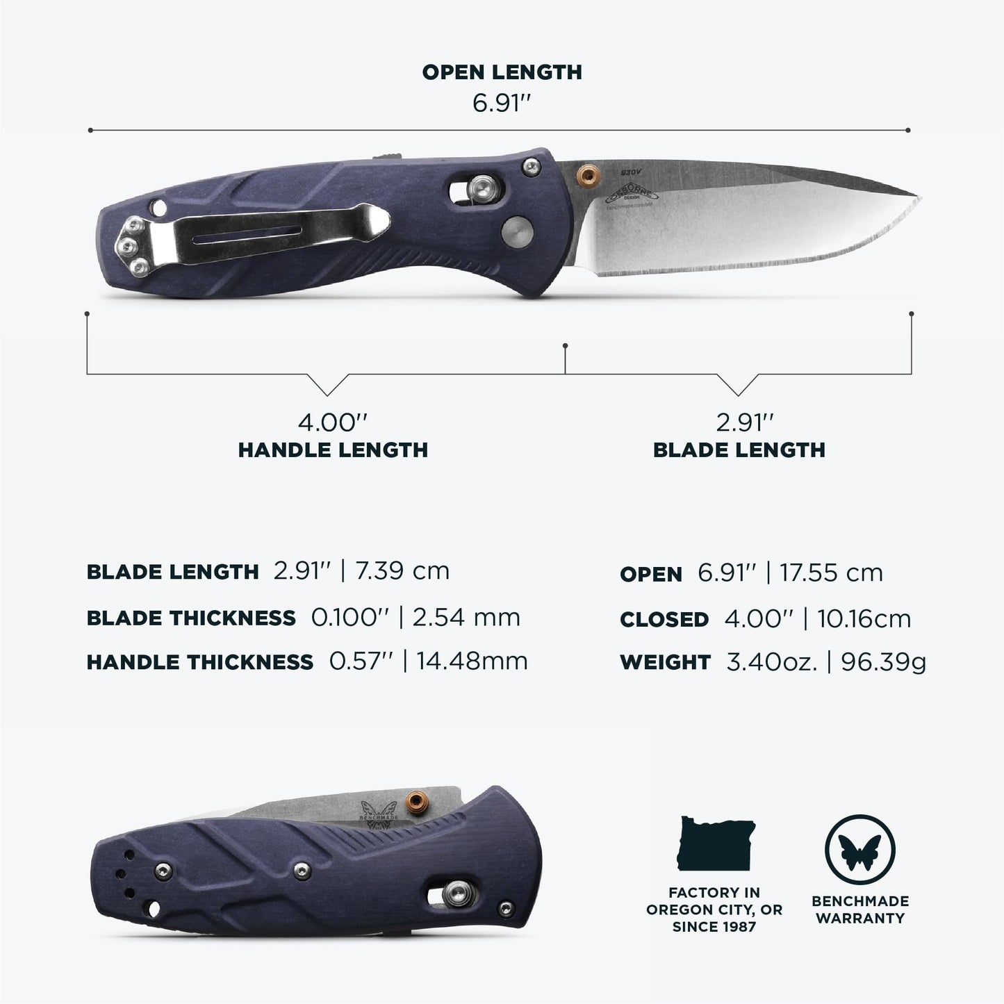 Benchmade - Mini Barrage 585 EDC Knife, Drop-Point Blade Blue Canyon Richlite Handle (585-03)