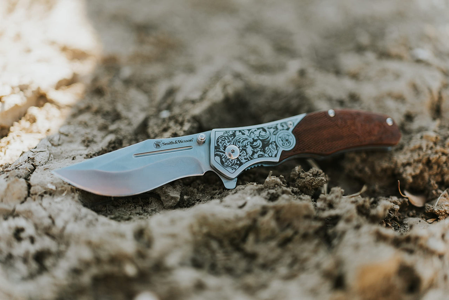 Smith & Wesson Accessories Smith & Wesson Unwavered Folder Featuring Engraved Rosewood Handle, Drop Point Blade, and 8Cr13MoV Stainless Steel