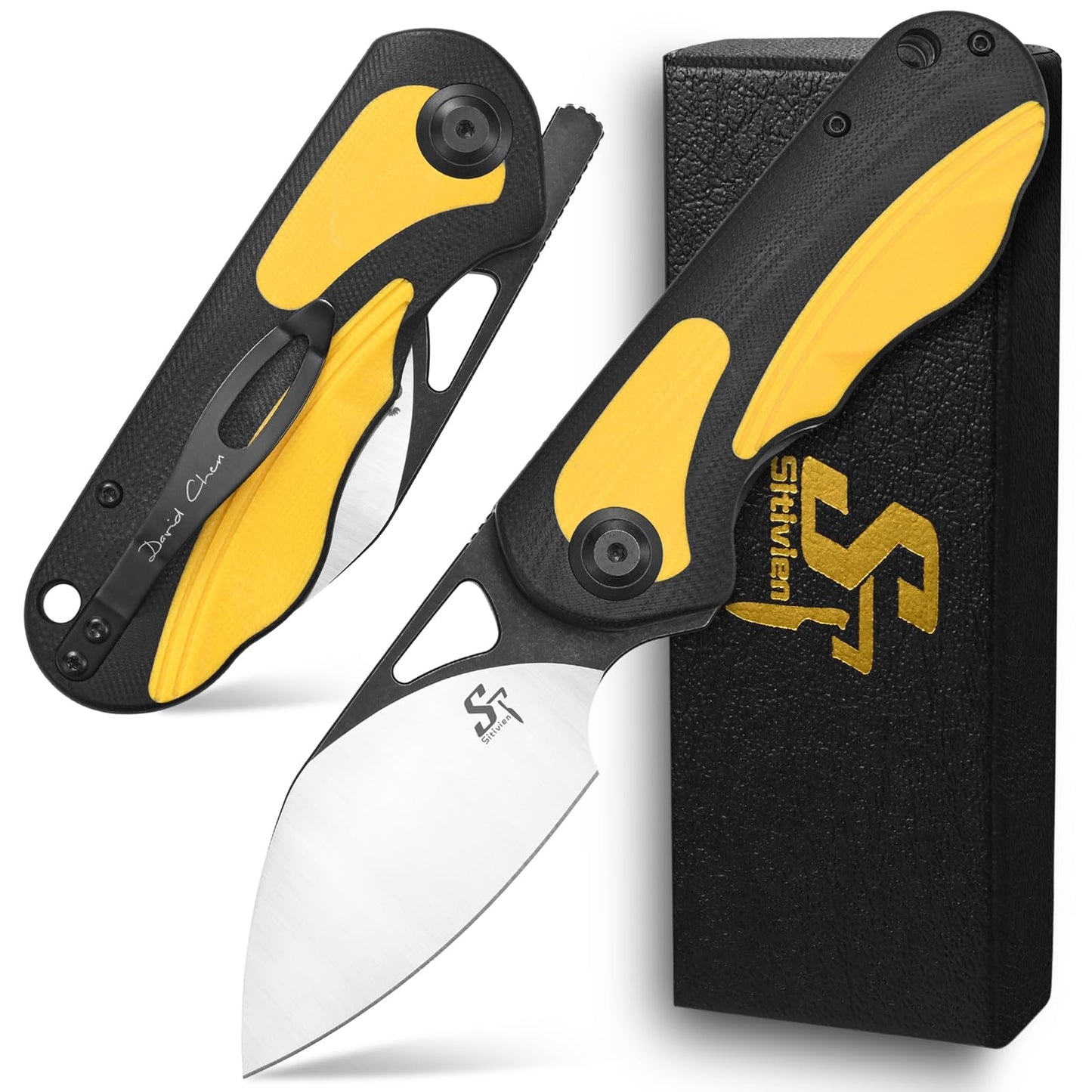 Sitivien ST156 Pocket Folding Knife, Sandvik 14C28N Steel Blade with G10 Handle,Chinese Zodiac Series EDC Tool Knifes for Camping Hiking Survival Fishing(Yellow)