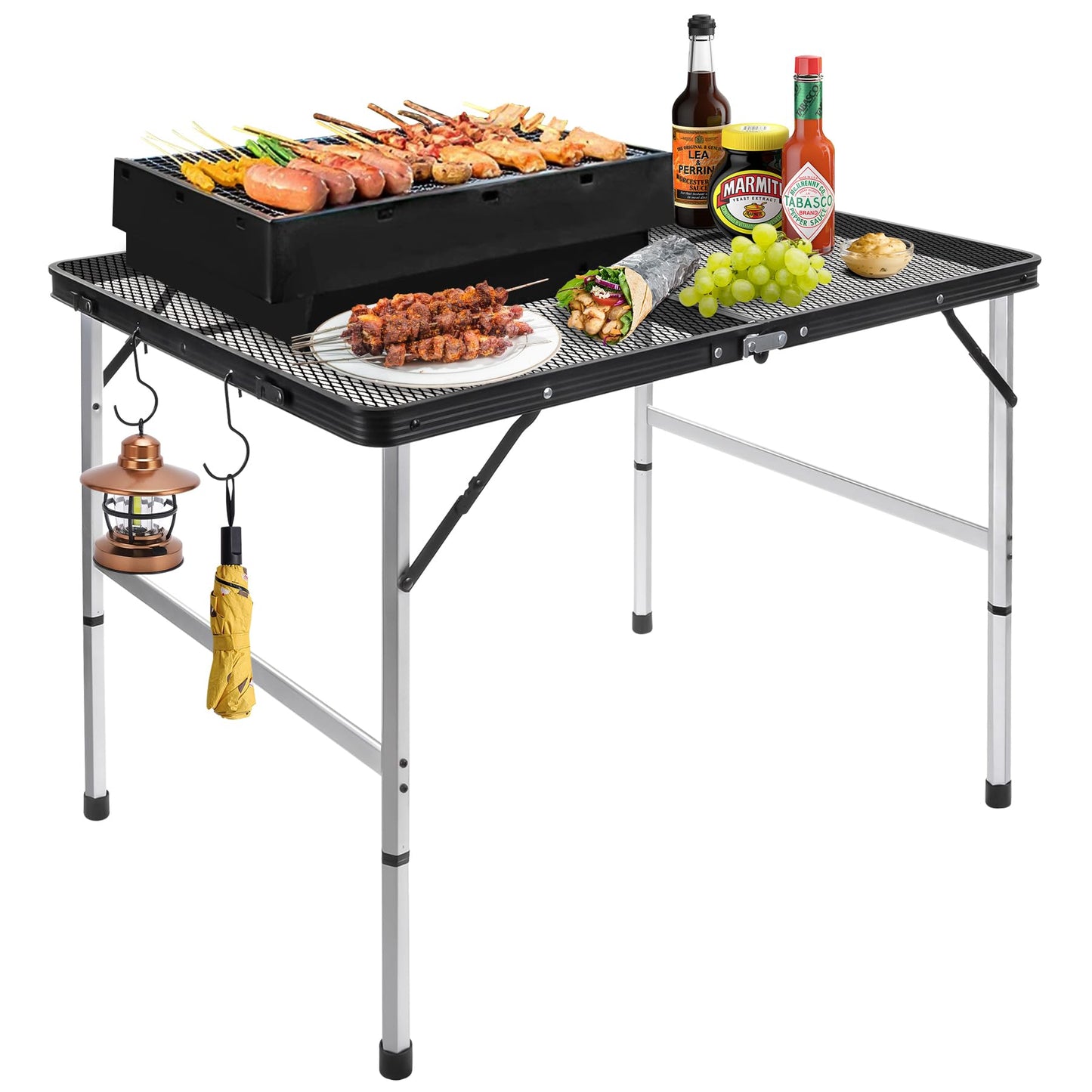 jkwokback 3ft x 2ft Grill Table Portable Camping Table and Grill Table Camping Table Portable Folding Table Outdoor Picnic Table,Height Adjustable Collapsible Table with Mesh Desktop