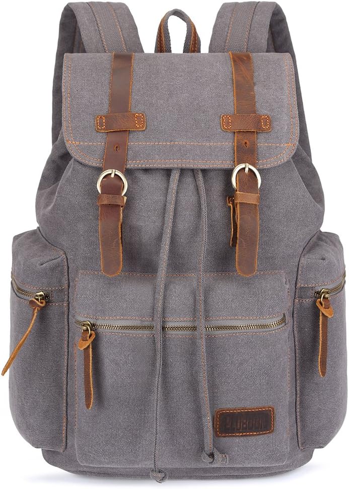 Vintage Leather Trim Backpack for Men & Women | Casual Travel Rucksack for Laptops