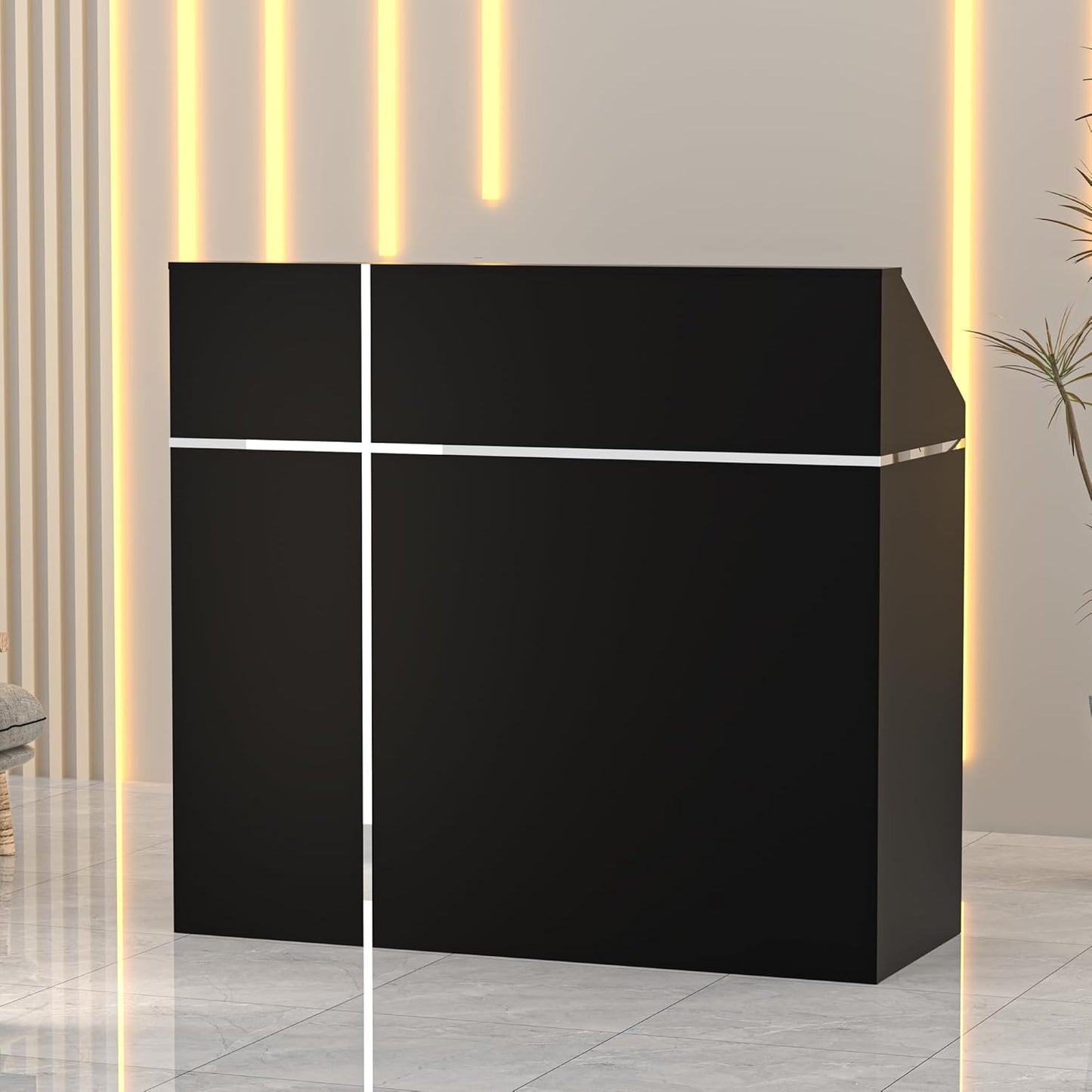 AHB Reception Desk with Counter, Modern Front Table Equipped Lockers & Storage Shelves, 50-inch Checkout Counter with LED Lights & DIY Stripe for Lobbies, Salons, Retail, Home Offices, Reception Room