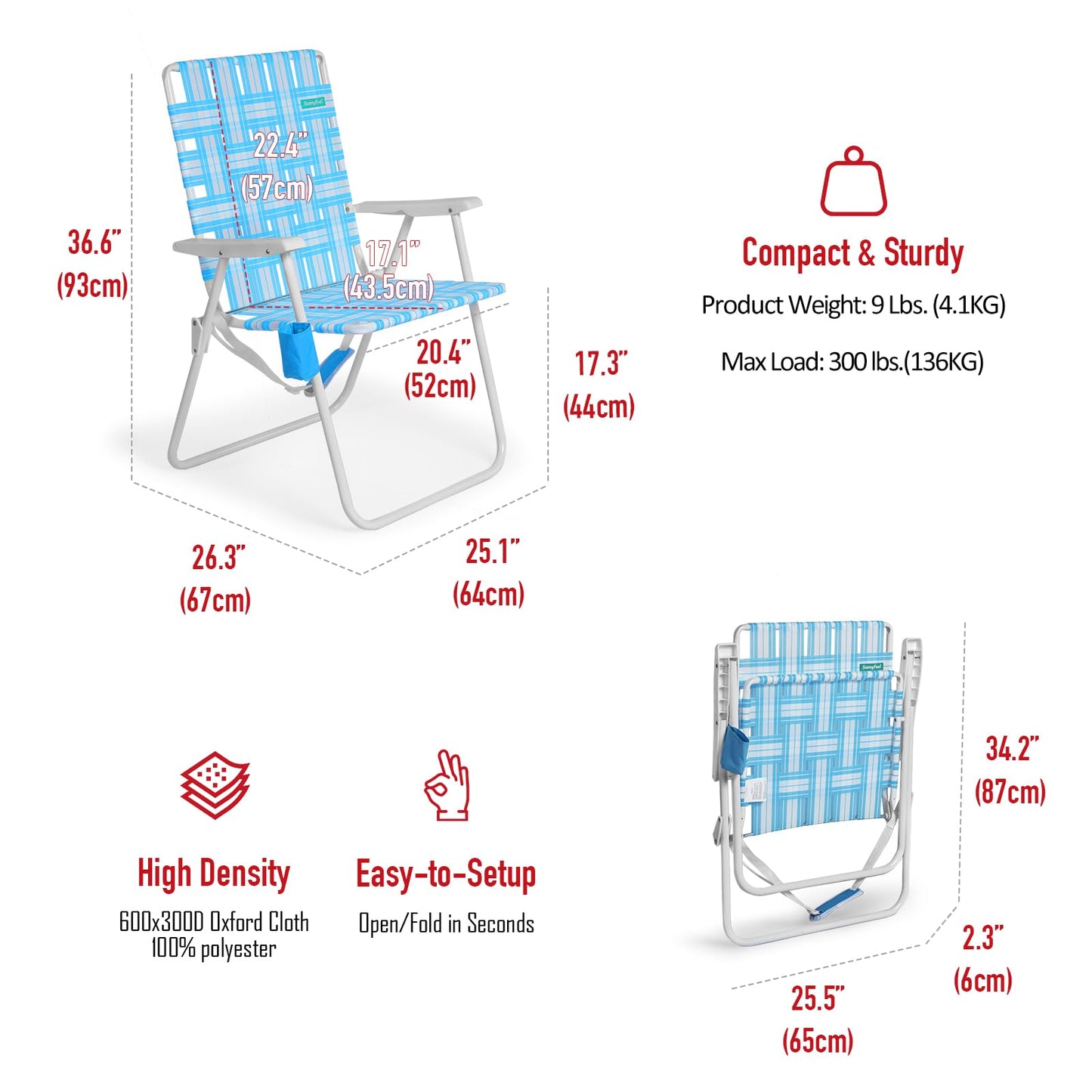 SUNNYFEEL 15" Tall Folding Webbed Beach Chair, Oversized Portable High Seat Sand Chair for Adults Heavy Duty 300 LBS, Foldable Camping Webbed Lawn Chairs for Camp/Outdoor/Travel/Picnic/Concert/Sports