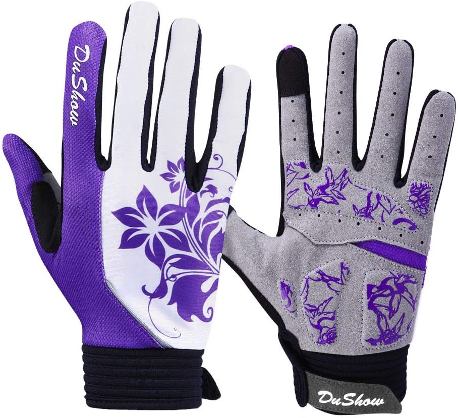 Pink Floral Cycling Gloves for Women | Full Finger Gel Padded Workout Gloves