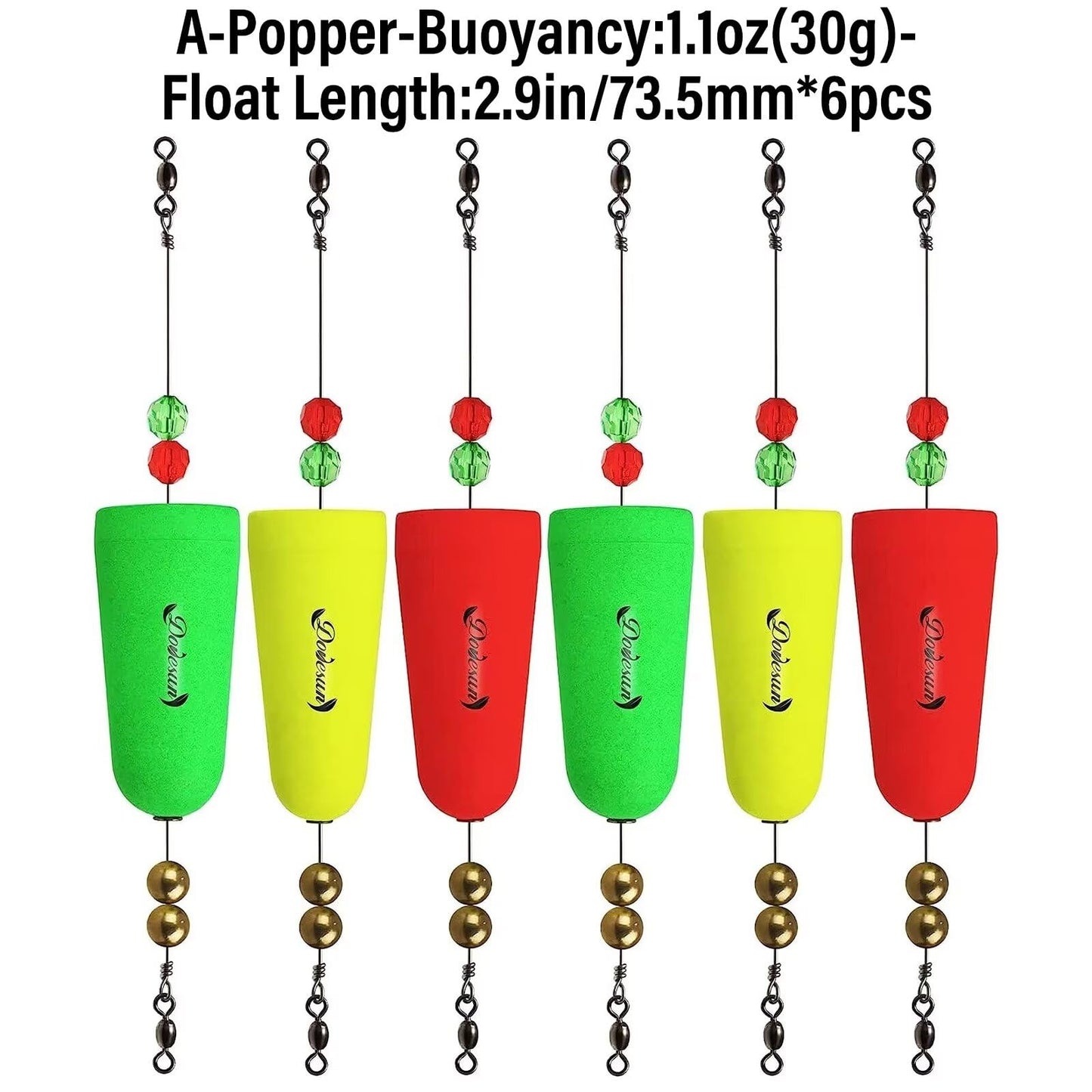 Dovesun Fishing Bobbers Popping Cork Weighted Fishing Floats Fishing Corks Popping Corks for Saltwater Freshwater A-Popper-Buoyancy:1.1oz(30g)-Float Length:2.9in/73.5mm*6pcs