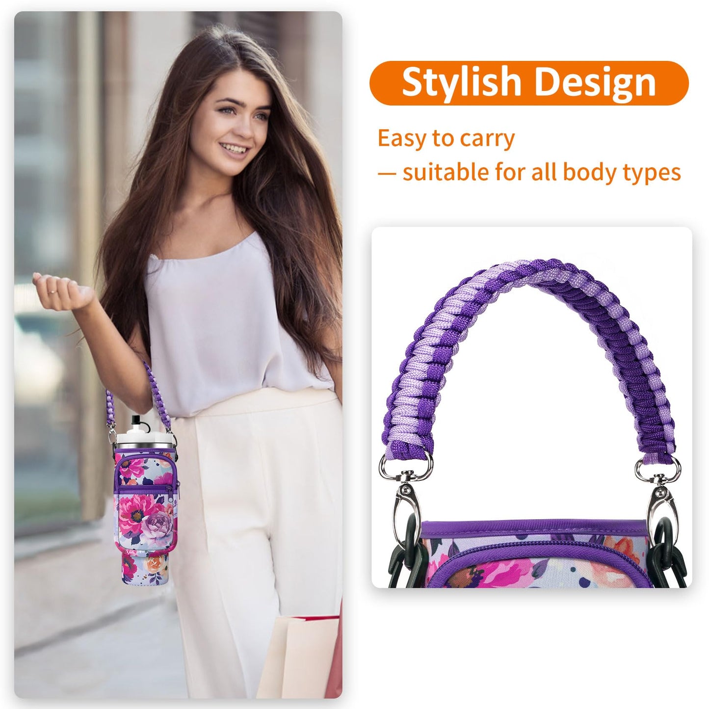 AceTreker 40 oz Stanley Tumbler Sleeve Bag with Paracord Handle & Straw Cap, Neoprene Vacuum Insulated Travel Mug Carrier Pouch with 2 Pockets & Shoulder Strap for Car Home Work-Purple Rose