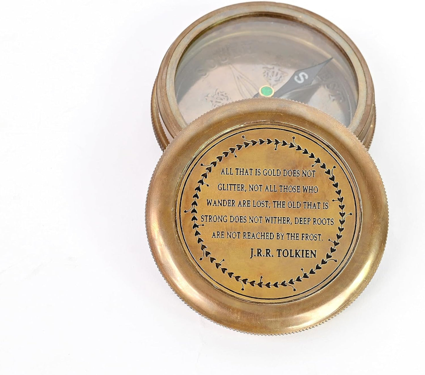 Brass Nautical - Not All Those Who Wander are Lost Brass Gift Engraved Compass with Leather case, Graduation Day Baptism Communion Confirmation Day Motivational LOTR J.R.R. Tolkien