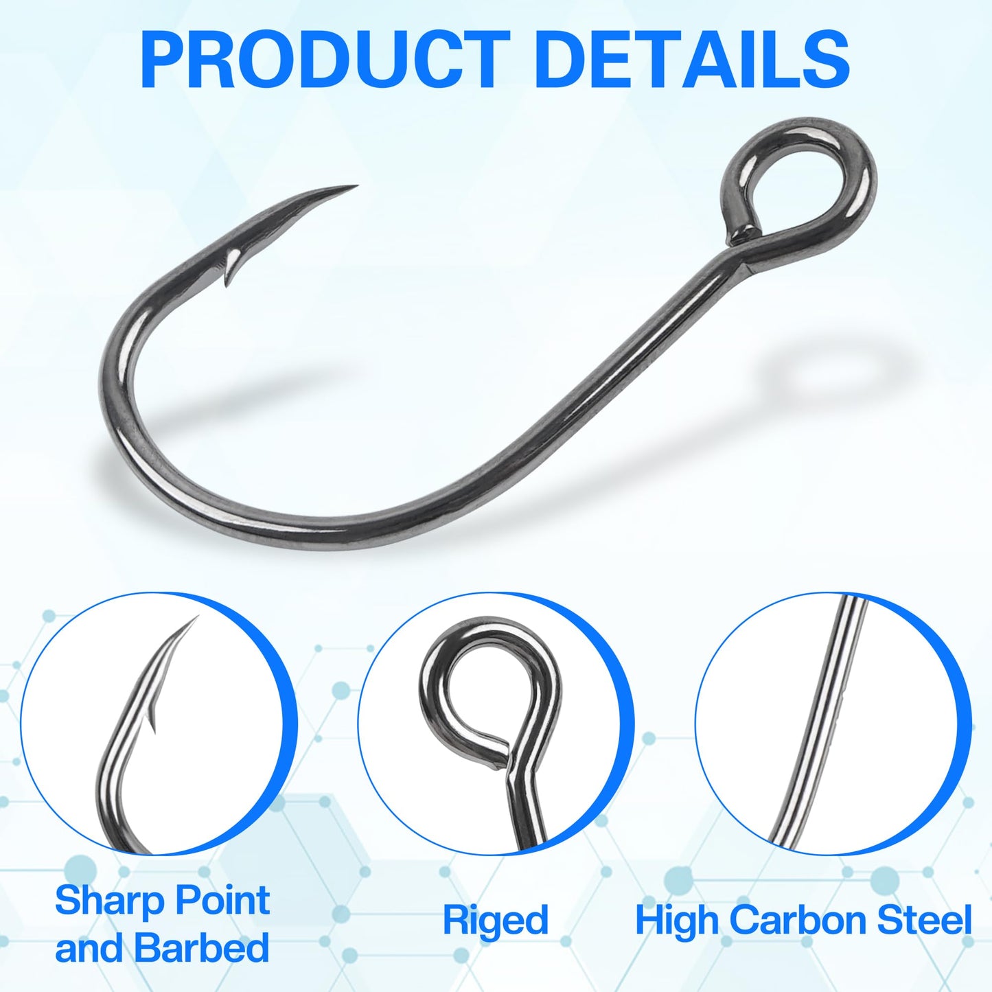 Inline Single Hooks Kits,Single Replacement Fishing Hooks for Lure Plugs Baits High Carbon Steel Inline Circle Hooks Large Eyes Saltwater&Freshwater 50PCS