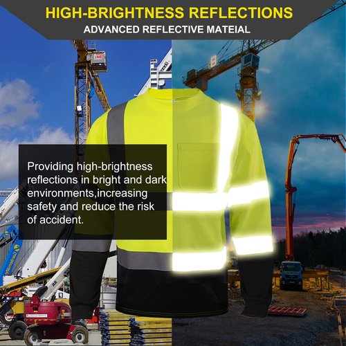 CAMNWAMN Apparel High Visibility Shirts, Long Sleeve Hi Vis Reflective Safety Shirts with Pocket for Men (Medium, Yellow+Black 4 Pack)