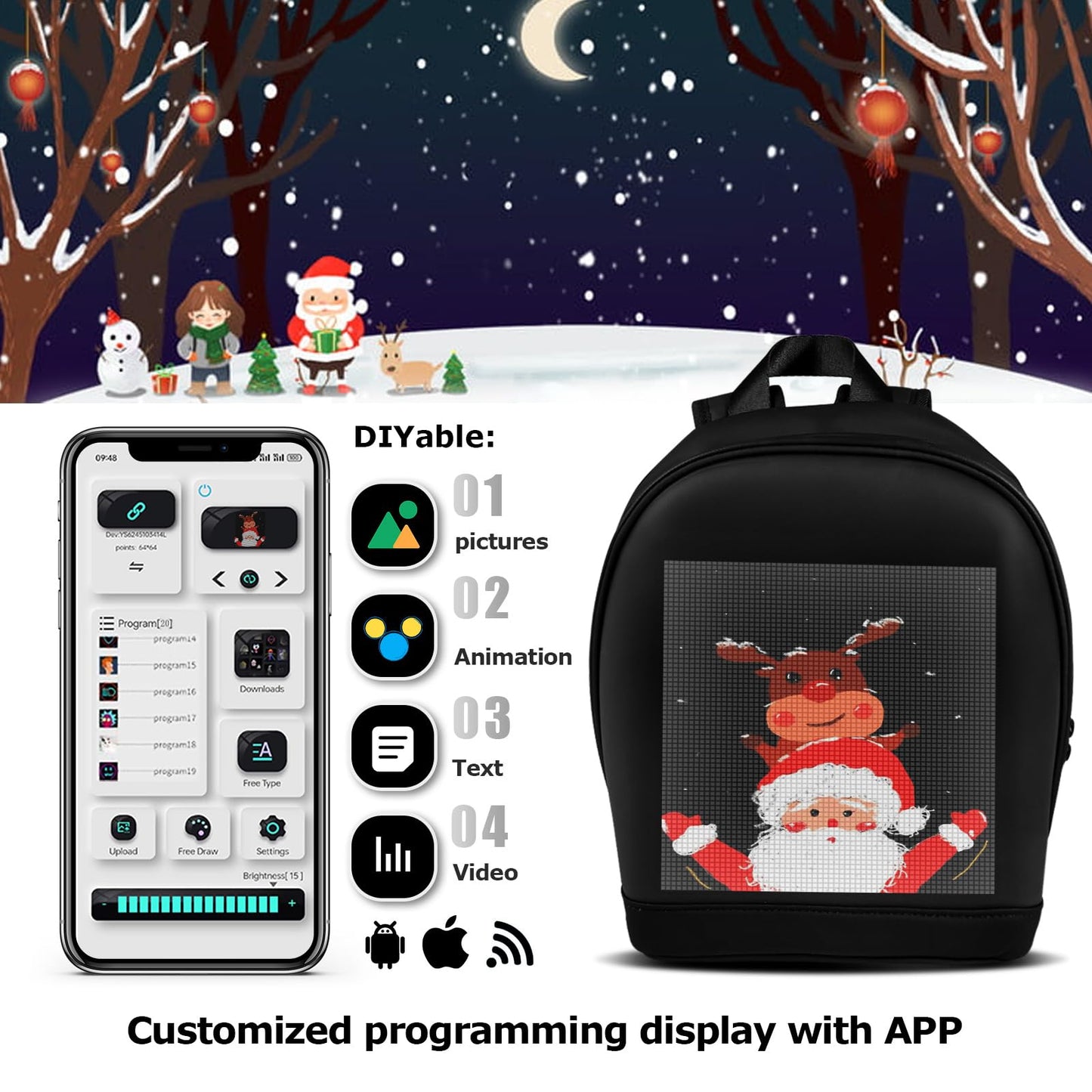 arimepi LED Backpack,LED Backpack with Programmable Full Color Display,Ideal gift for birthday/Christmas T6(black)